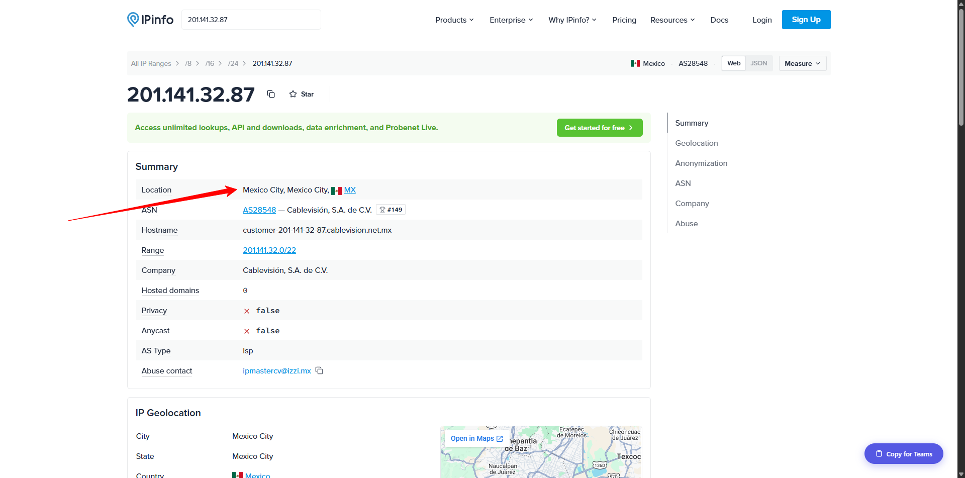IPInfo geolocation for the origin IP