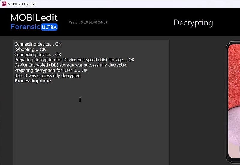 MOBILedit Partition Decryption Progress